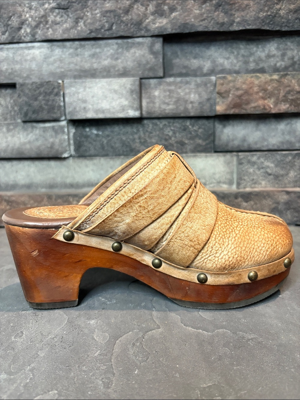 Ariat Tan Distressed Leather Buckle Clog Mules with Wood Sole - Picture 5 of 11